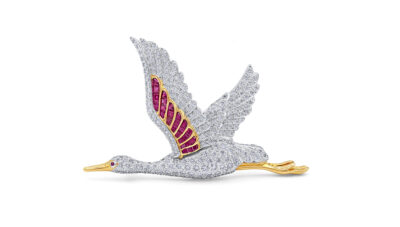 Gold & Platinum Diamond Egret Brooch